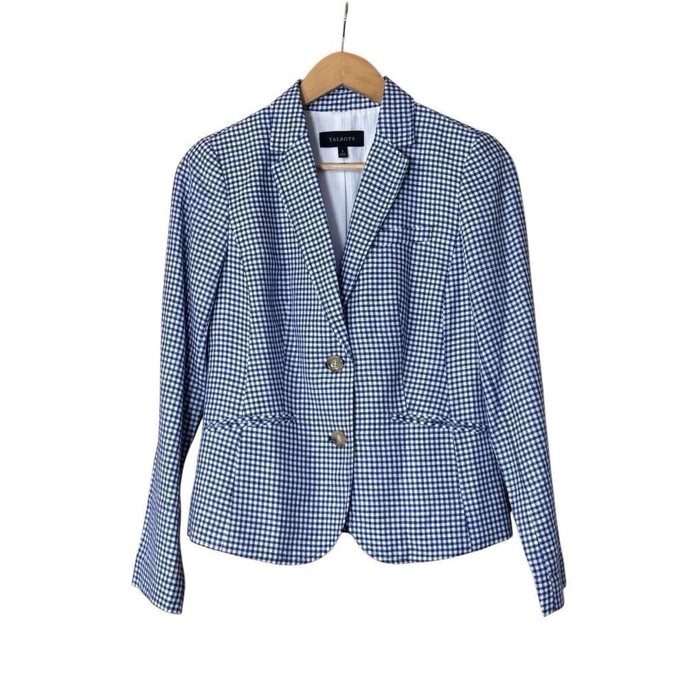Talbots Blue White Gingham Checked Linen Cotton Tailored Blazer Jacket size 2